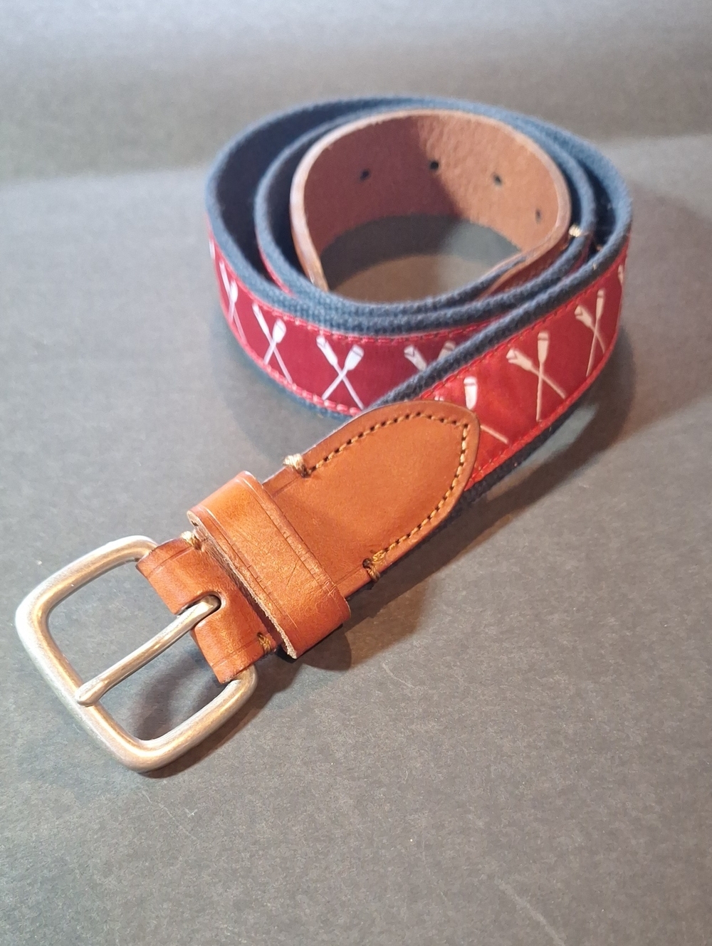 J. Crew Leather-Trim Red With White Oars Patterned Men's Belt